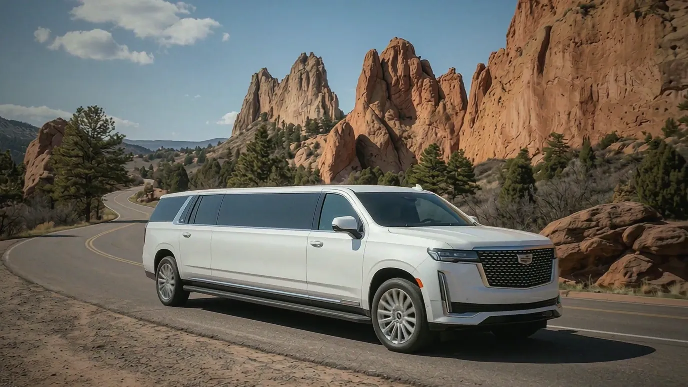 Golden white Cadillac Escalade 20 passenger stretch limo