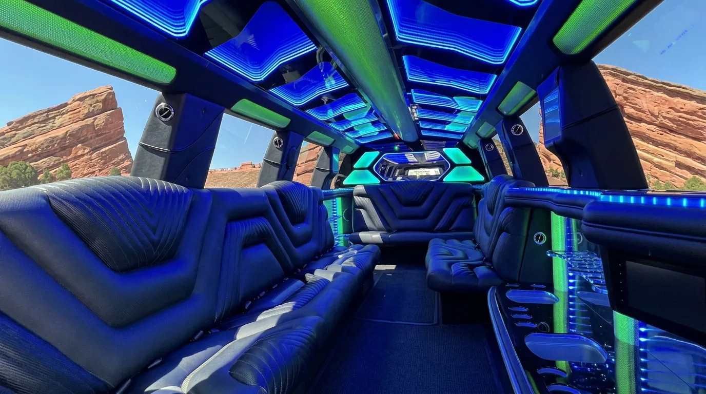 Inside the Chevy Suburban limo in Golden: LED light-show ceiling, leather lounge seating and lit bar