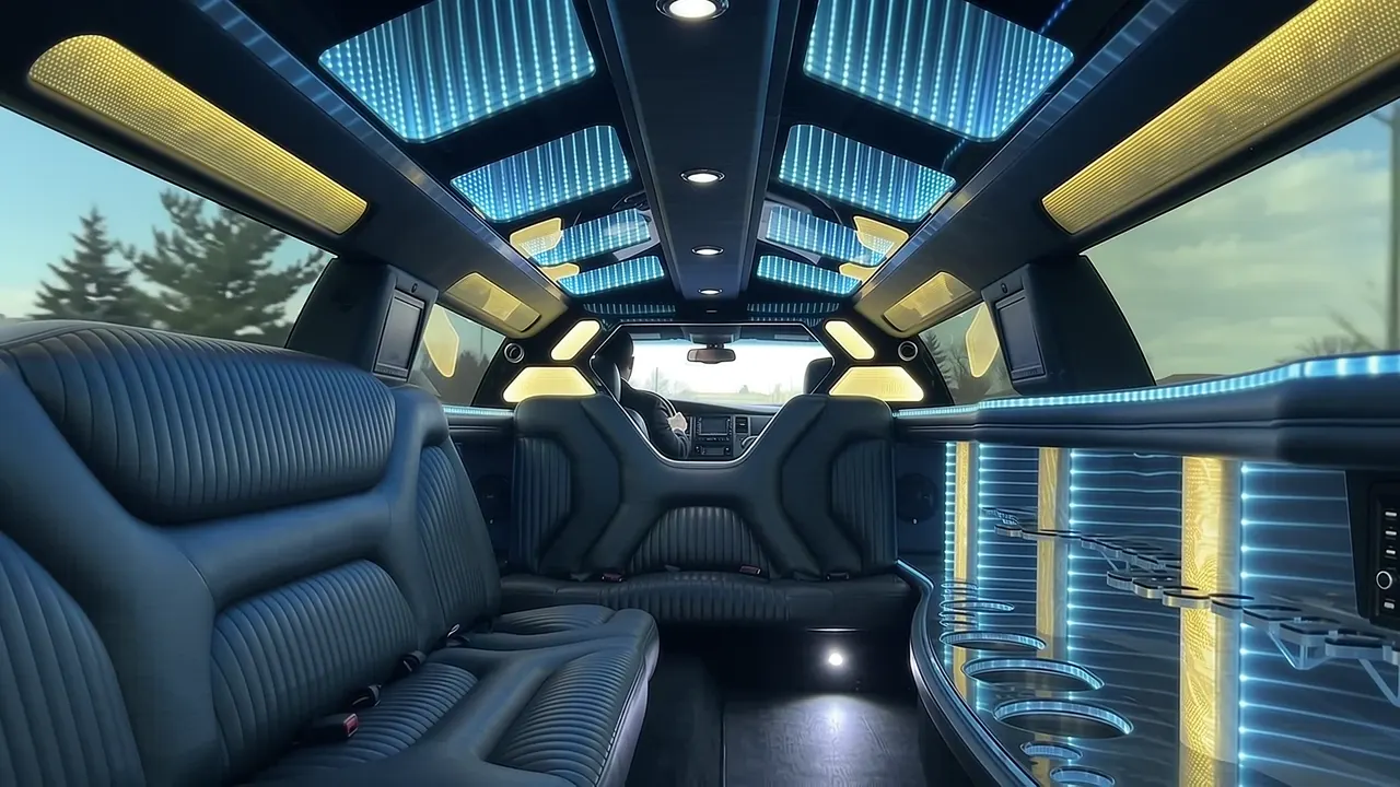 Inside the Dodge Charger limo in Golden: LED light-show ceiling, leather lounge seating and lit bar