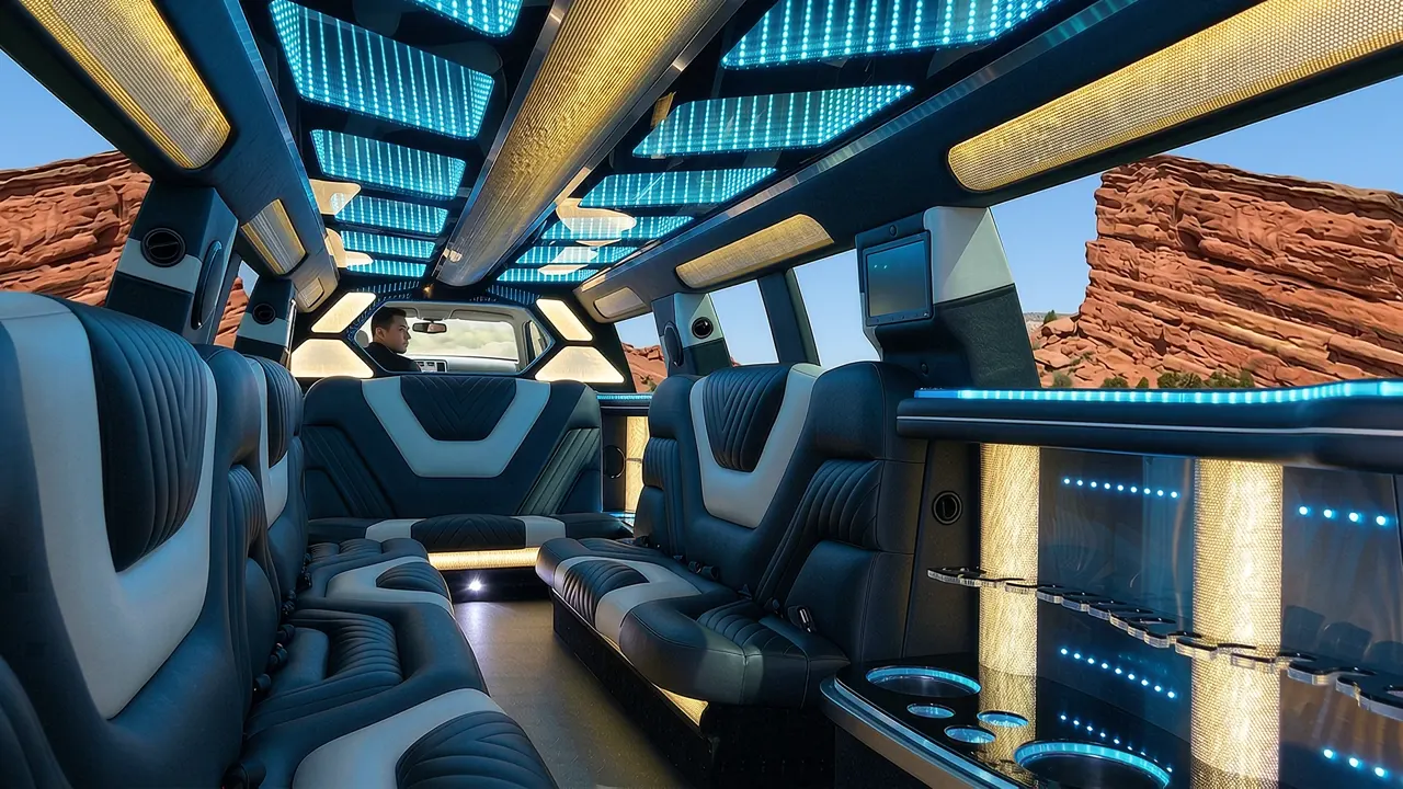 Inside the Mercedes GLS limo in Golden: LED light-show ceiling, leather lounge seating and lit bar