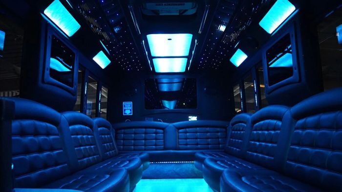 Wraparound seating and blue LED lights – Golden limo service